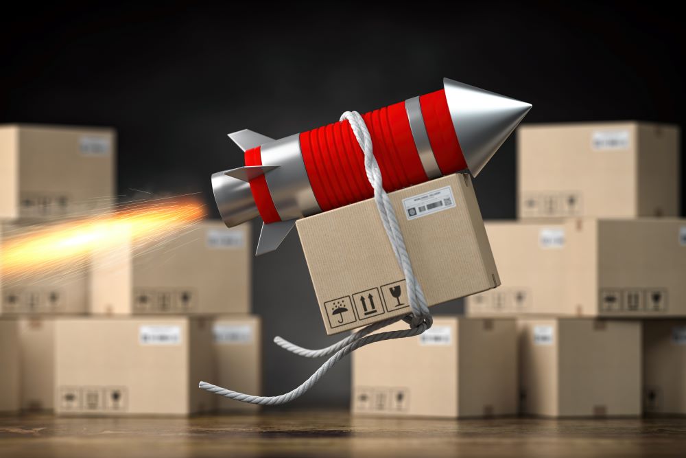 A package with a conceptual rocket taking off signifying the importance and efficiency of business mailing systems
