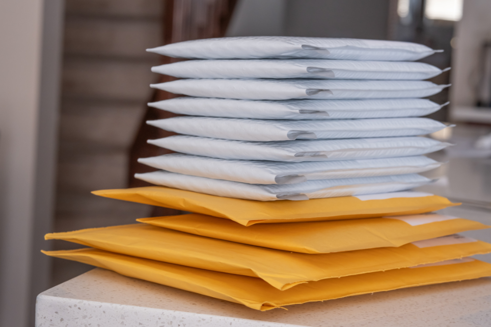 A stack of padded envelopes on a counter, illustrating the use of mailing equipment for efficient and secure packaging and shipping.